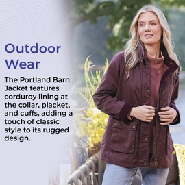 SAGEFINDS Portland Barn Jacket, Women’s Coat with Corduroy Accents, Hidden Front Zipper with Snap Down Closure, Hideaway Hood, Interior Drawstring Waist, Pockets