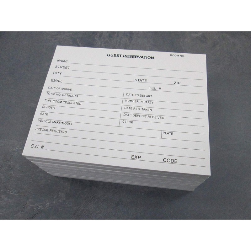 Guest Reservation/Registration Card for Hotels, Motels, Hospitality Front Desks Check