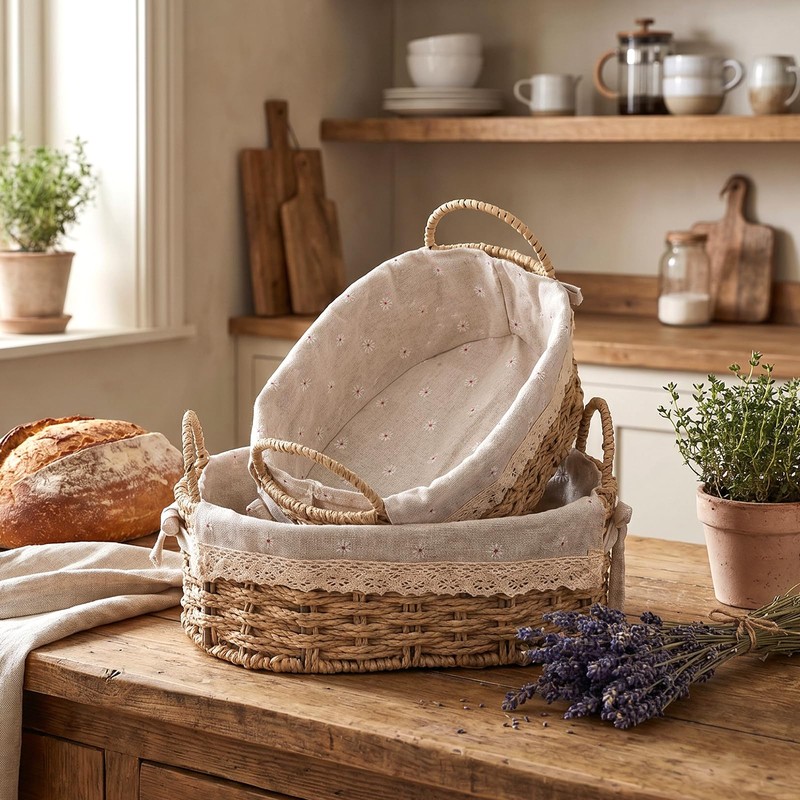 2Pcs Small Wicker Storage Baskets with Handles & Liners for