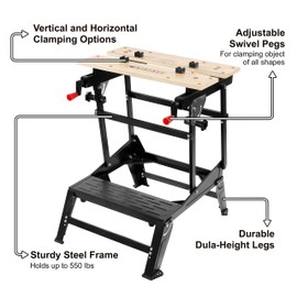 Elevon Multifunctional Workbench, Portable Foldable Workbench, Supports 550 lbs with Adjustable Jaws, Vertical Clamp and Four Adjustable Swivel Pins, Ideal for DIY, Woodworking and Home Repairs