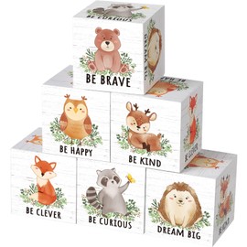 Vertintong 6 Pcs 1.6 Inch Inspirational Animal Nursery Decor Baby Wooden Forest Animals Bear Raccoon Lion Fox Decor Blocks Woodland Table Decor Safari Creatures Decor(Woodland,White)
