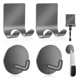 Diesisa Razor Holder 304 Stainless Steel for Shower + Adhesive Sticky Heavy Duty Waterproof Wall Hooks, Premium for Hanging Towels, Coat, hat (2+2 Pack) - Grey