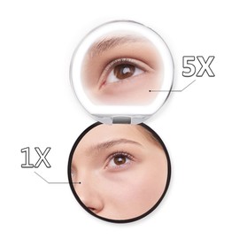 LEIDSANY Espejo Compacto con luz, Mini Espejo de Maquillaje Plegable para Mujer, Aumento 1x / 5X, Recargable, 3 Pulgadas Plegable，para Bolso, Bolso, Bolsillo, Portatil de Viaje(Blanca)