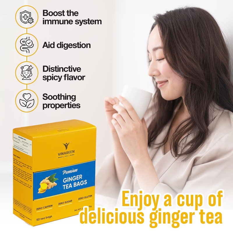 VINAREEN 50 Premium Ginger Tea Bags, 100% Natural & Pure