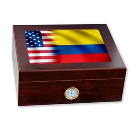 Premium Desktop Humidor - Glass Top - Flag of Colombia (Colombian) - Waves with USA Flag - Cedar lined with humidifier & front mounted hygrometer.