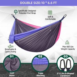 Double Camping Hammock, Two Person Hammocks with 2 Tree Straps(16+2 Loops), Portable Lightweight Hammock with 210T Nylon Parachute for Backpacking, Outdoor, Beach, Travel, Hiking, Gear - Red Gray