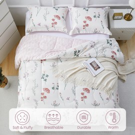 Mooreeke Floral Twin Size Comforter Sets, White Vintage Botanical Flower Printed Bedding for All Seasons, 2-Piece Vintage Bed in a Bag with Fluffy Quilted Reversible Comforter & Pillow Sham