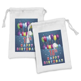 Ambesonne 18th Birthday Fabric Pouch Set of 2, Party Time with Colorful Flying Balloons on Star Like Backdrop Happiness, Small Drawstring Bag for Toiletries Masks and Favors, 9" x 6", Blue and White