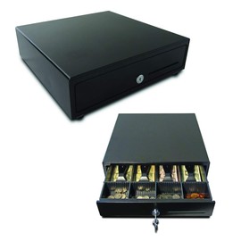 APG Standard- Duty 13” Electronic Point of Sale Cash Drawer | Vasario Series VB320-BL1313-B27 | Printer Compatible | Plastic Till with 4 Bill/ 4 Coin Compartments | Black