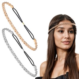 Xindojuz 2 PCS Rhinestone Headband, Adjustable Silver Gold Headband Girls Sparkly Crystal Braid Headpiece for Women Hair Accessories, Glitter Head Chain 70s Accessories Women (Gold, Silver)