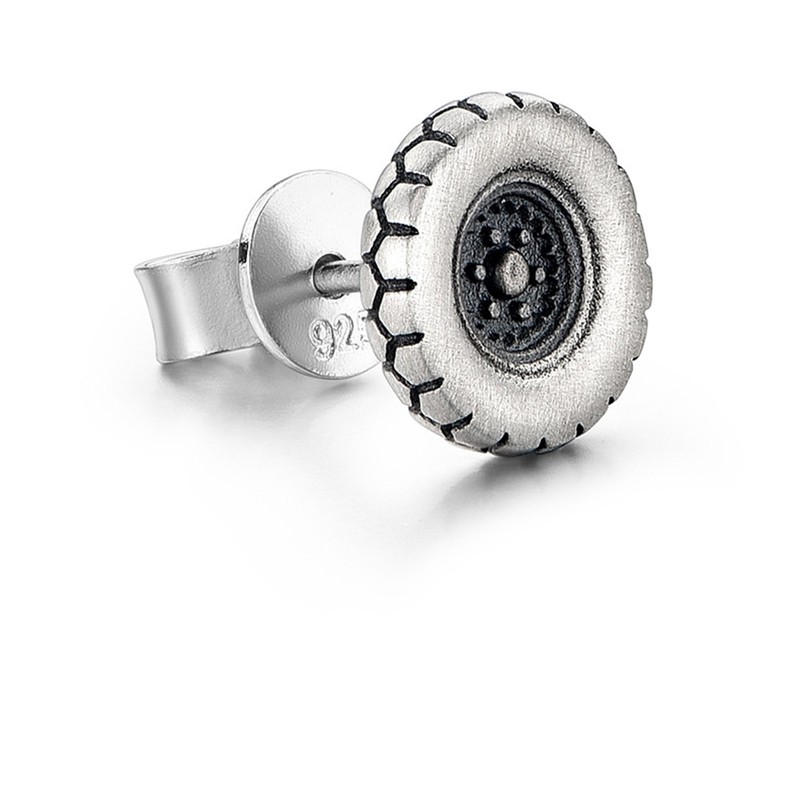 Vintage Tire Tread Round Stud Earring for Men, Silver Tone,