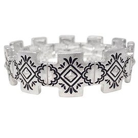 Gypsy Jewels Tribal Print Silver Tone Stretch Bracelet (Squared Cross)