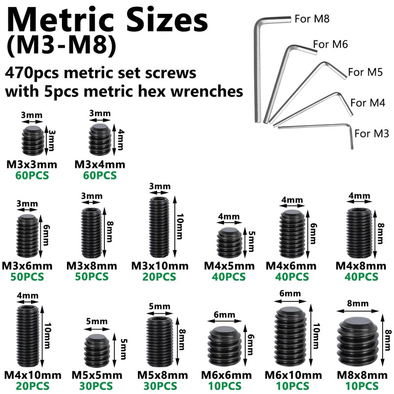 Aienxn 775PCS Metric +SAE Set Screw Assortment Kit, Hex Socket