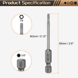 sourcing map 3pcs T9 Torx Head Screwdriver Bit 1/4" Hex Shank 2.6" (65mm) Long Magnetic No Hole Tip Tamper Proof 6 Point Star Screw Driver Drill Bits S2 Steel Industrial Power Screwdrivers