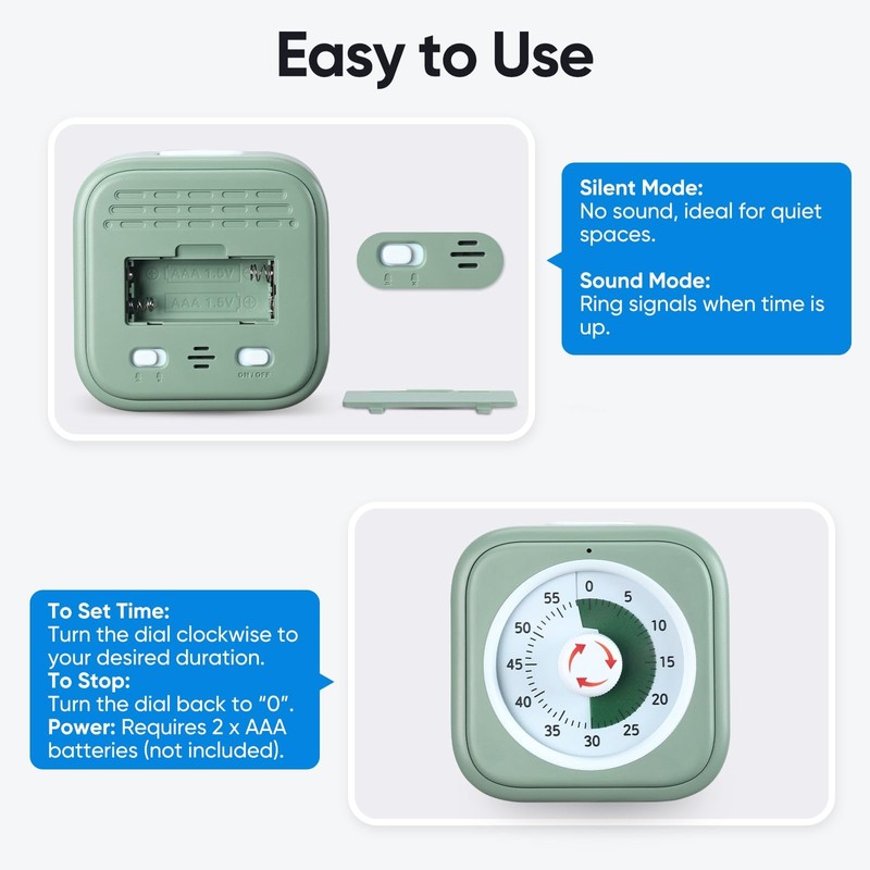 60 Minute Visual Timer for Kids, Silent Countdown Clock, Time