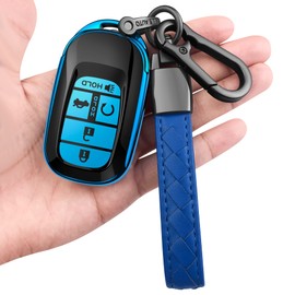 Sindeda for Honda Key fob Cover with Leather Keychain Soft TPU Full Cover Protection,for 2022 2023 2024 Civic Accord HR-V Pilot CR-V,5 Buttons Key Fob Shell (Blue)