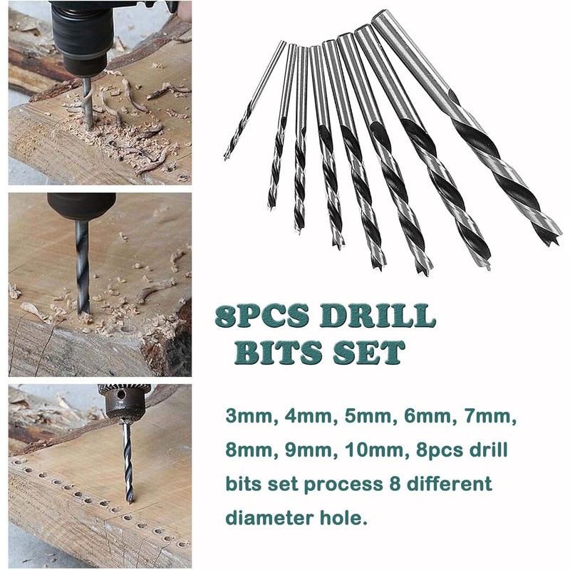 KEWAYO 8 Pcs Brad Point Drill Bits, 3-10mm Spur Point