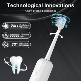 2025 New 2-in-1 Electric Toothbrush for Adults - Vibration 60,000 VPM & Oscillation 73° Rechargeable Electric Toothbrush, 50+ Days Battery Life, 3 Modes, 2-Minute Timer, 3 Brush Heads, White