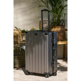 HotWay 26 Inch Aluminum Frame Luggage with Spinner Wheels, PC Hard Shell Suitcase with Cup Holder, Zipperless Luggage for Business Travel, Gray