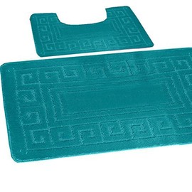 La Ritzy Bath Mat Set 2 Pc Non Slip Rubber Backing Pedestal Mat Toilet Bathroom Greek Rug (Teal)