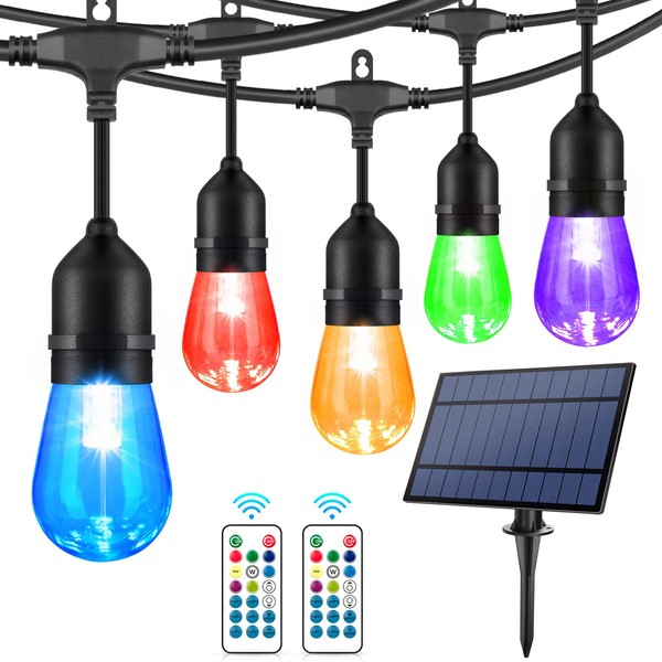 WENFENG 48FT Solar Outdoor RGB String Lights, 15+3 Waterproof Shatterproof