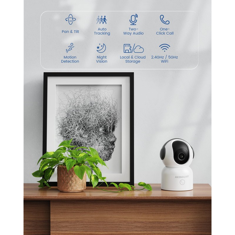 AKINGUAR 2K/3MP WiFi Indoor Surveillance Camera, 5GHz/2.4GHz 355° IP Camera