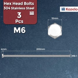 Kozelo 3 Pcs Hex Head Screws Bolts - [M6-1x200] 304 Stainless steel Fully Threaded Hex Tap Metric Hexagon Head Machine Bolts Right Hand External Hex Drive, Silver