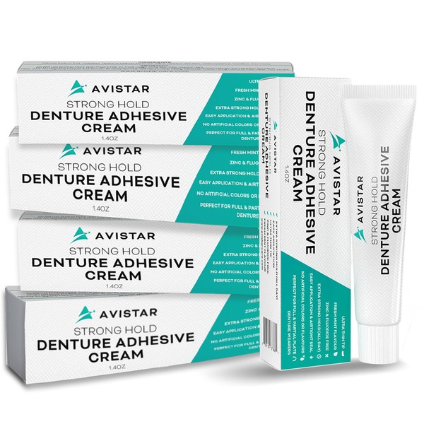 Extra Strong Denture Adhesive Cream, 12 Hour Hold Dental Glue, Waterproof, Zinc & Fluoride Free, Easy Apply Nozzle, Seals Food Out for Comfort, Mint Flavor (5 Pack, 7 Fl Oz)