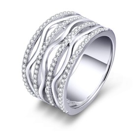 Sternvoll® Women's Ring 925 Sterling Silver Rhodium Placed with Zirconia Wide Bling Ring, rhodium