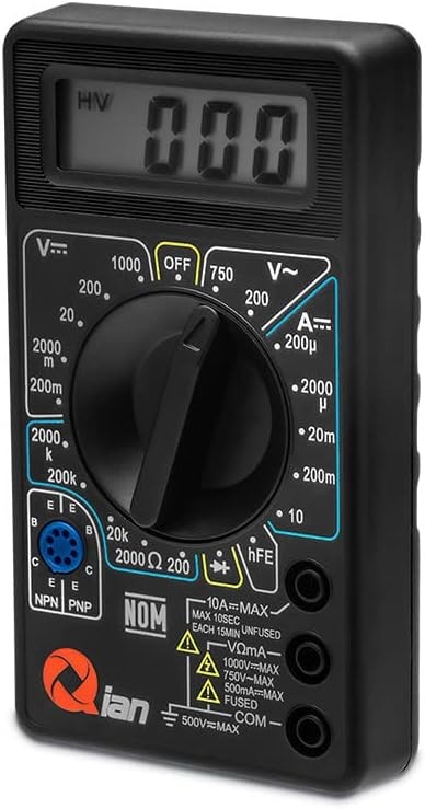 QIAN Multimetro Digital Pantalla LCD 3 12 digitos -Mide Voltaje ACDC, Corriente CC y Resistencia - Incluye Punta Negra y Roja (QAD-90011)
