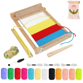 Loom for Children, DIY Wooden Loom Set 29 x 19 cm, Loom Set with 12 Colours Yarn, Weaving Comb, Scissors, Loom Handmade, Wooden Loom for Children 4-12 Years, Beginners, for Weaving and Designing