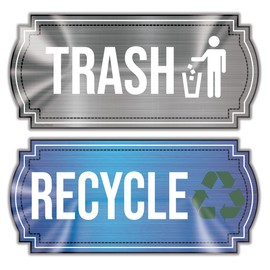 Recycle and Trash Stickers for Kitchen Trash Cans and Recycling Bins, Indoor Trash and Recycle Sticker Combo for Garbage Can Logo Symbol, Blue & Gray Decals, 6.5" x 3" Elegant Style with Split-back