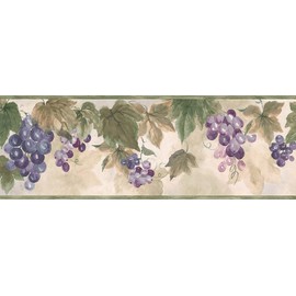 CONCORD WALLCOVERINGS ™ Classic Kitchen Wallpaper Border Featuring Leaves and Grapes, Colors Green Purple Beige Size 7 Inches by 15 Feet TK6412B
