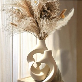 Ceramic Vase Set of 2 – Hollow Donut Flower Vase for Home Decor, Modern Nordic Boho Aesthetic Vases for Coffee Table Decor, Bookshelf Decor, Living Room, Entryway, Office Display (Cream White)