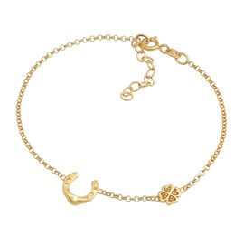 Women's Bracelet Silver with Clover Leaf (6 mm) and Horseshoe Symbol (10 mm), Bracelet with Lucky Pendant Made of 925 Sterling Silver Gold-Plated, Golden Bracelets for Women Girls, Lucky Symbol Gift,