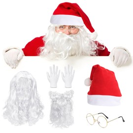 yisight Pack of 5 Santa Claus Costume Accessories, Santa Hat + Christmas Gloves + Santa Wig + Santa Glasses + Santa Beard