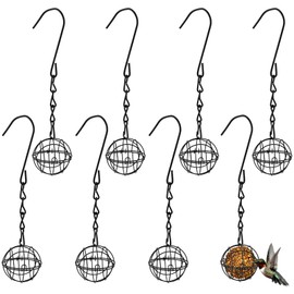 HAKZEON 8 Sets 7cm Fat Ball Feeders, Hanging Bird Feeder with Hooks and Chains, Metal Fat Ball Bird Holder for Wild Birds Finch Sparrow Robin Outdoor Garden, Black