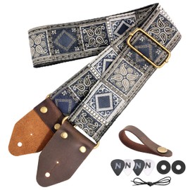 Nefelibata Guitar Strap,Crazy Horse Leather Jacquard Embroidery Cotton Guitar Straps for Bass, Electric & Acoustic, Best Gifts for Guitarists(Bohemian Dark Blue Chequered)