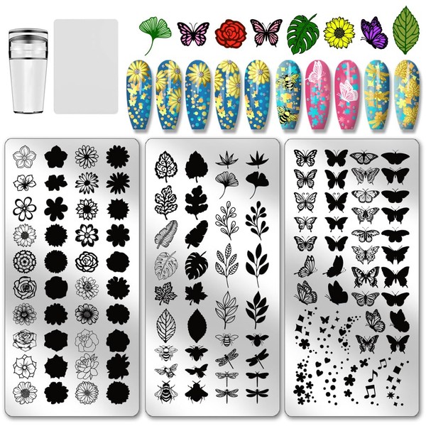 PH PandaHall 3pcs Insects Plants Nail Stamping Plates Flower Leaves