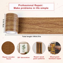 Gosknor 3.1inx15ft Wood Grain Repair Tape, Self-Adhesive Realistic Wood Duct Tape Roll Multipurpose Patch for Tables Doors Baseboard Windows Floors Chairs Furniture Renovation Handicraft DIY (Brown)