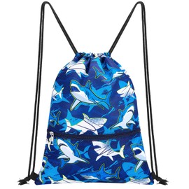 WAWSAM Shark Drawstring Backpack for Kids - Gym DrawString Bag for kids Swim Bag Boys Sports Draw String Bag Waterproof Beach Sport Gym String Bag with Zipper Pocket Cinch Backpack for Boys