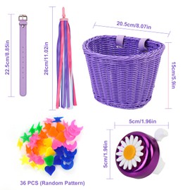 Kids Bike Basket Set, Children's Bicycle Bell Streamers Balance Bike Decoration Accessories Bicycle Basket Wheel Spoke Beads (Purple)