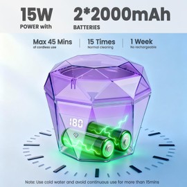 Rechargeable Ultrasonic Cleaner with 2*2000mAh Battery, 18±3W Denture Cleaner Machine| 43±5KHz Sonic, Digital Timer, U-V-C Light, Dental Retainer Cleaning Pod for Invisalign Mouthguard Braces Jewelry