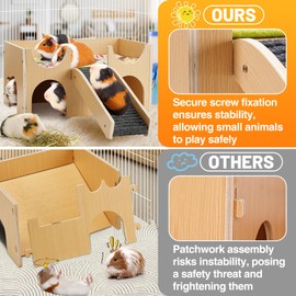 Upgraded Guinea Pig Castle, Sturdy Wooden Guinea Pig Hideout, Small Animal House Bed Hut Habitats with Stairs, Easy to Assemble for Hamsters Bunny Chinchillas Playing Hiding