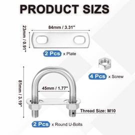 PATIKIL Round U-Bolts, 2 Pcs 1.77"(45mm) Inner Width 81mm Length M12 with Nut Plate Washer 304 Stainless Steel Round Bend U-Bolts for Boat Trailer Axle Sailboat