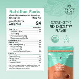 BOUNTY CROPS Organic Cacao Powder (1.3 lb - 21 oz - 600 gr), Rich in Antioxidants, Non GMO, Gluten Free, Unsweetened Superfood, Made from Finest Cacao Beans
