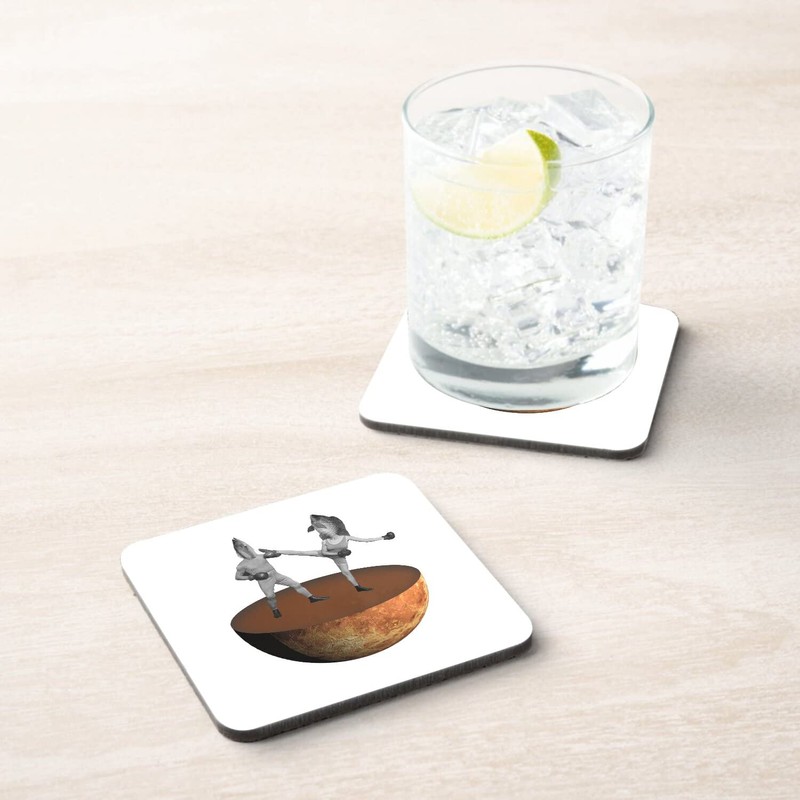Cork Coaster - Fish Fighters Fish Boxing Collage Art Surrealism