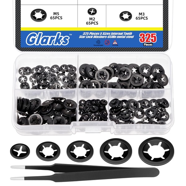 Glarks 326pcs 65Mn-Steel Internal Tooth Star Lock Washers Assortment Kit