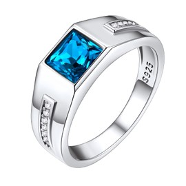White Gold Vermeil Sterling Silver Rings Classic Simple Men Cubic Zirconia Band Blue Topaz Finger Ring Sterling Silver Wedding Band Engagement Promise Rings for Father Husband Son Size 13