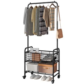 SUOERNUO Laundry Cart with Hanging Rack Rolling Laundry Hamper Sorter with Wheels Shelf,Black